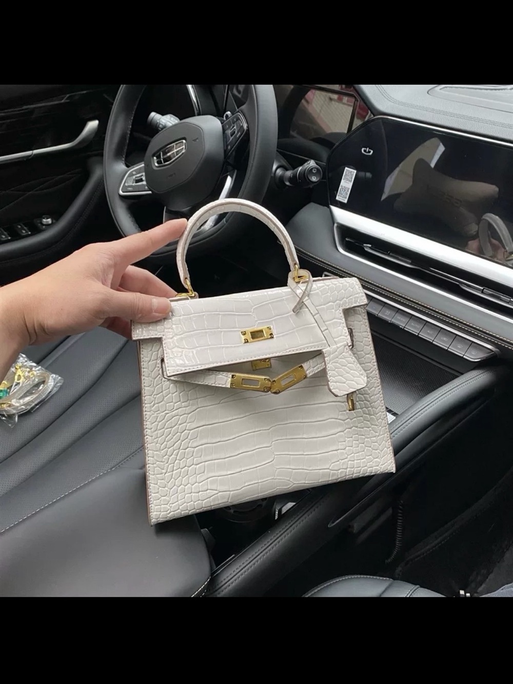 White Croc-Embossed Top-Handle Bag with Gold Hardware